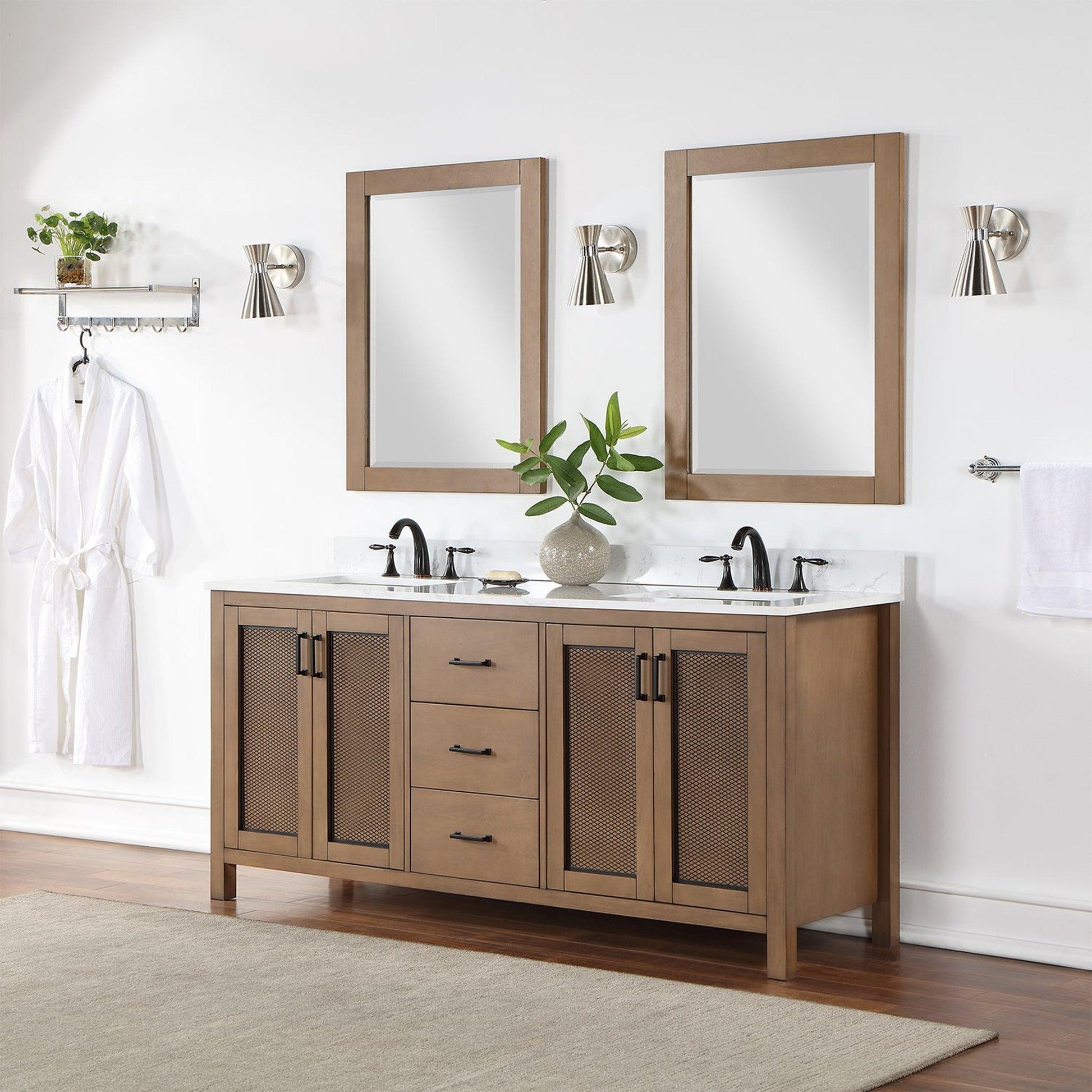 Altair Hadiya 72" Double Brown Pine Freestanding Bathroom Vanity Set With Mirror, Elegant Aosta White Composite Stone Top, Two Rectangular Undermount Ceramic Sinks, Overflow, and Backsplash