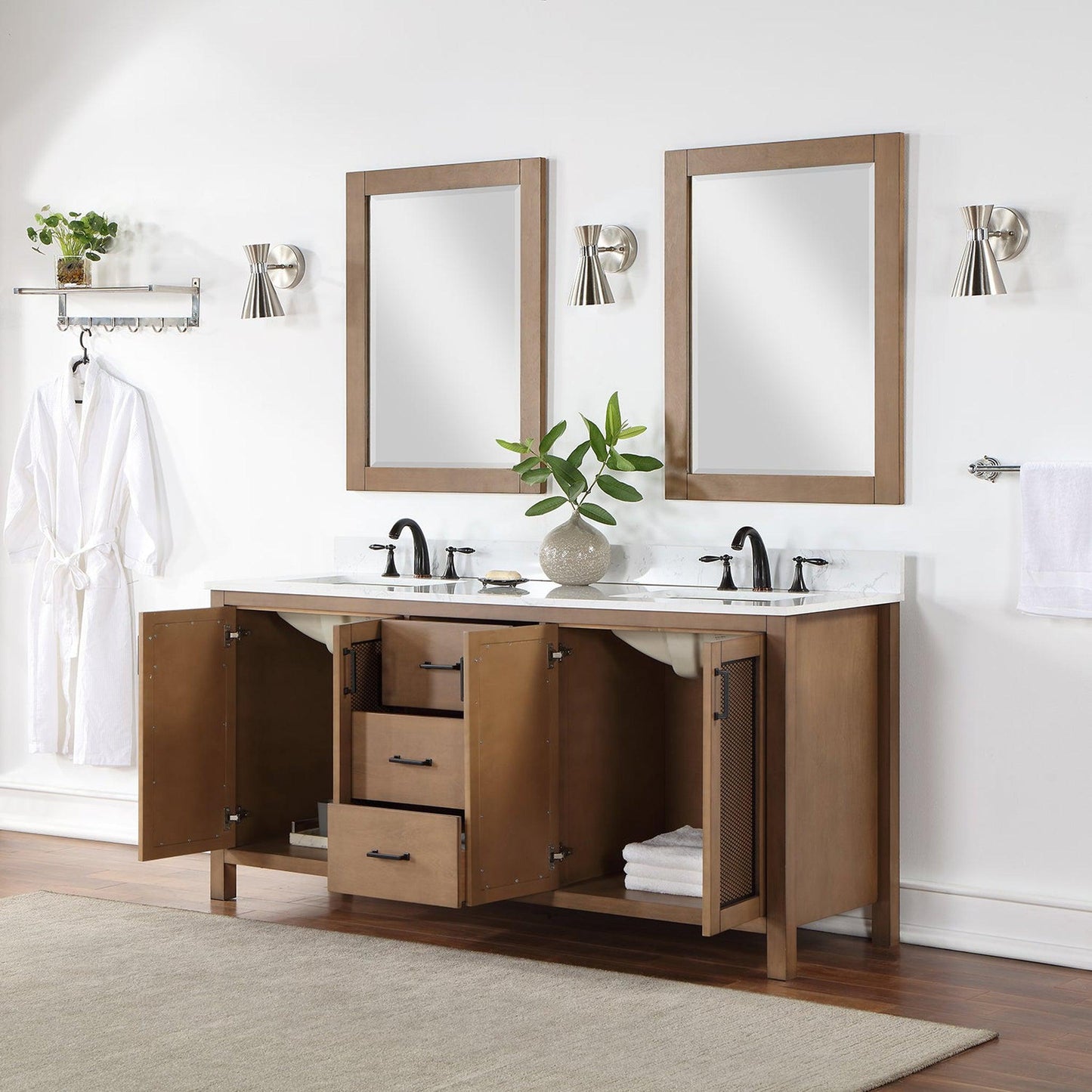 Altair Hadiya 72" Double Brown Pine Freestanding Bathroom Vanity Set With Mirror, Elegant Aosta White Composite Stone Top, Two Rectangular Undermount Ceramic Sinks, Overflow, and Backsplash