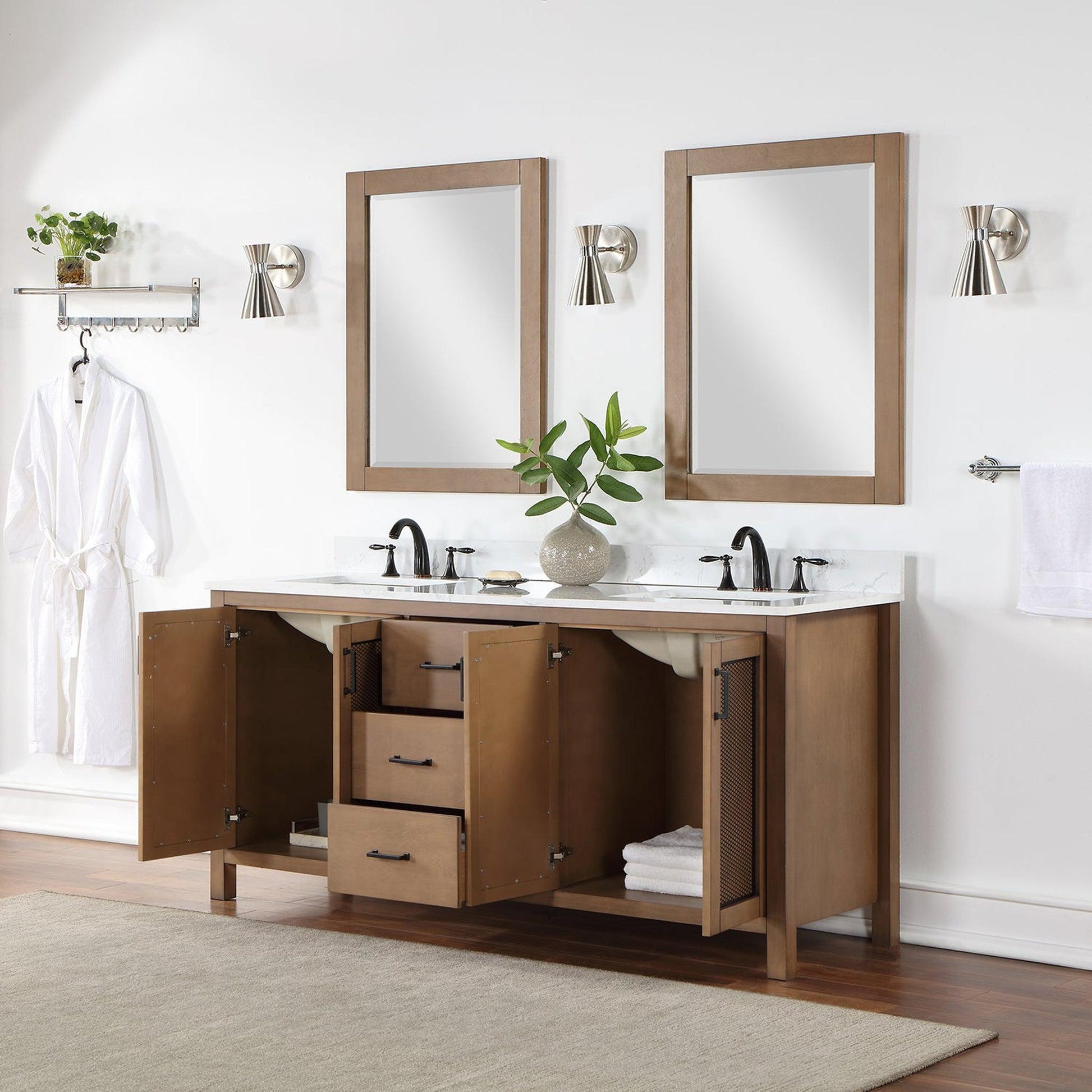 Altair Hadiya 72" Double Brown Pine Freestanding Bathroom Vanity Set With Mirror, Elegant Aosta White Composite Stone Top, Two Rectangular Undermount Ceramic Sinks, Overflow, and Backsplash