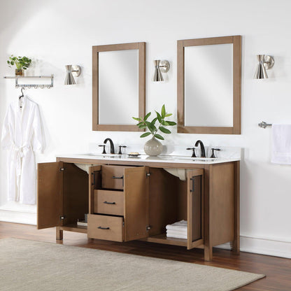 Altair Hadiya 72" Double Brown Pine Freestanding Bathroom Vanity Set With Mirror, Elegant Aosta White Composite Stone Top, Two Rectangular Undermount Ceramic Sinks, Overflow, and Backsplash