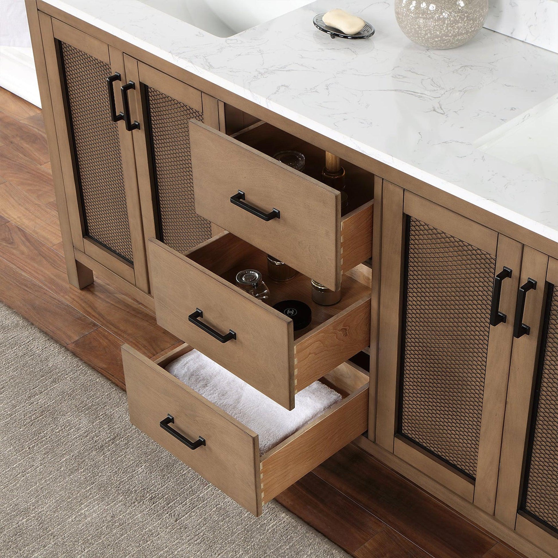 Altair Hadiya 72" Double Brown Pine Freestanding Bathroom Vanity Set With Mirror, Elegant Aosta White Composite Stone Top, Two Rectangular Undermount Ceramic Sinks, Overflow, and Backsplash