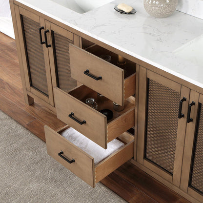 Altair Hadiya 72" Double Brown Pine Freestanding Bathroom Vanity Set With Mirror, Elegant Aosta White Composite Stone Top, Two Rectangular Undermount Ceramic Sinks, Overflow, and Backsplash