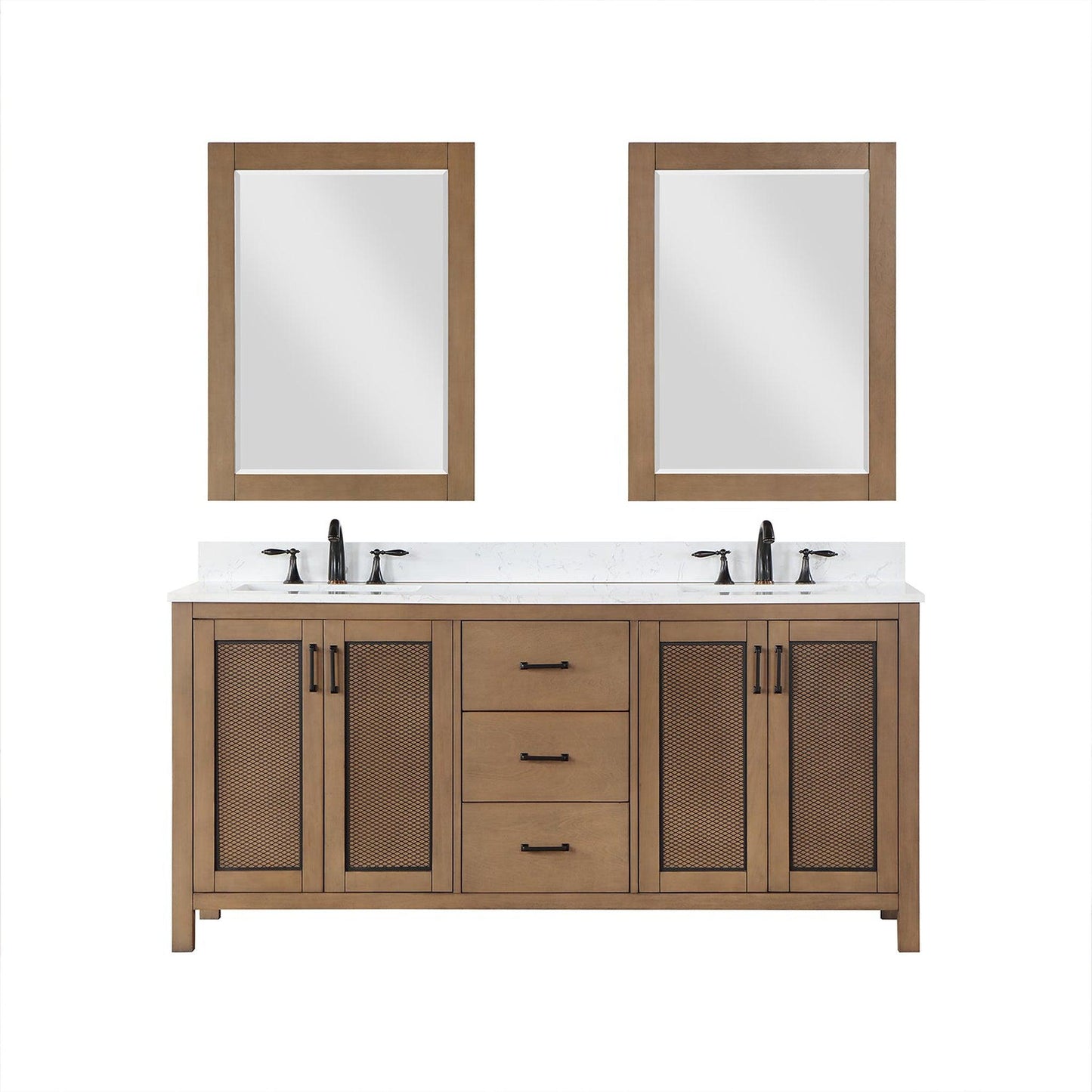 Altair Hadiya 72" Double Brown Pine Freestanding Bathroom Vanity Set With Mirror, Elegant Aosta White Composite Stone Top, Two Rectangular Undermount Ceramic Sinks, Overflow, and Backsplash