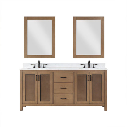 Altair Hadiya 72" Double Brown Pine Freestanding Bathroom Vanity Set With Mirror, Elegant Aosta White Composite Stone Top, Two Rectangular Undermount Ceramic Sinks, Overflow, and Backsplash