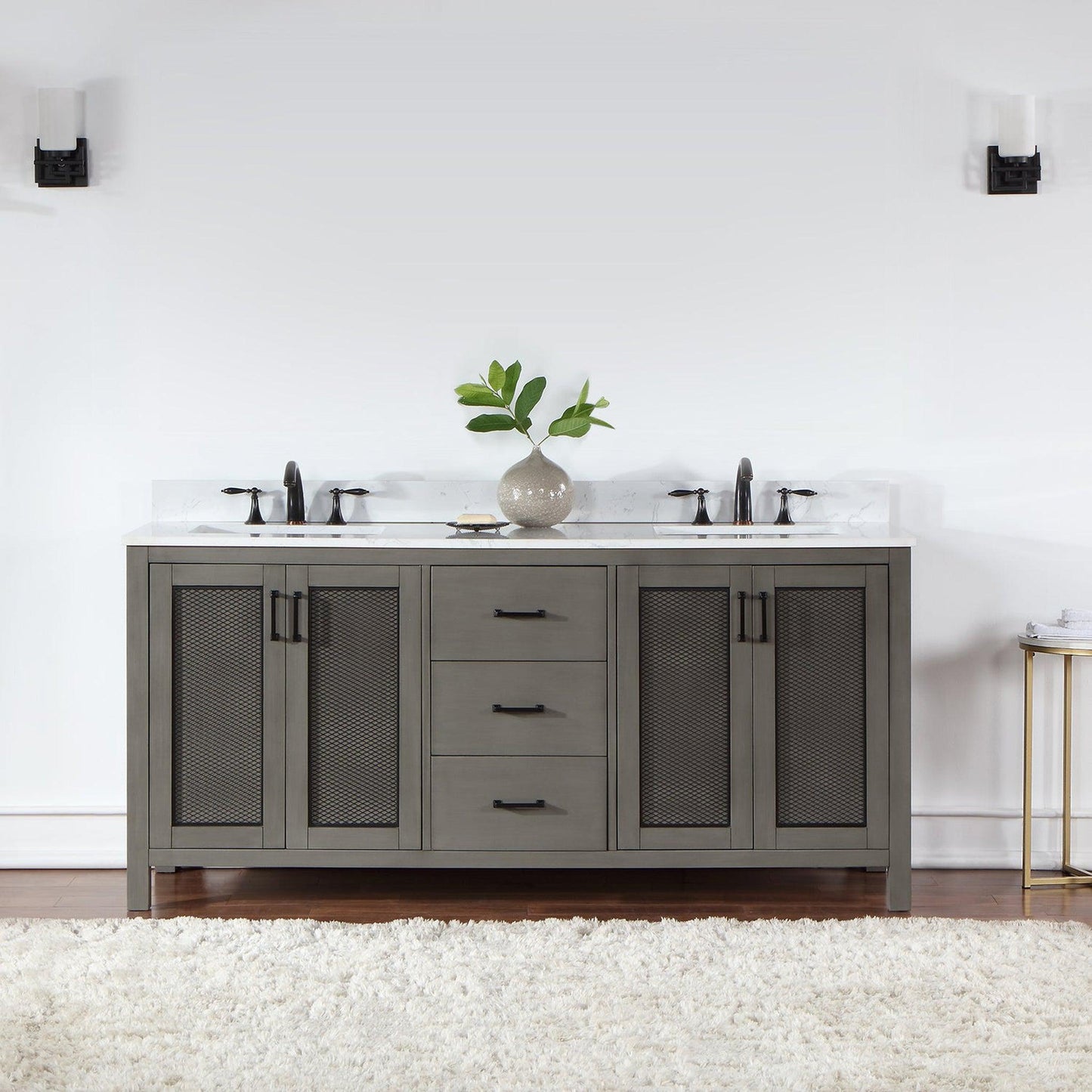 Altair Hadiya 72" Double Gray Pine Freestanding Bathroom Vanity Set With Elegant Aosta White Composite Stone Top, Two Rectangular Undermount Ceramic Sinks, Overflow, and Backsplash