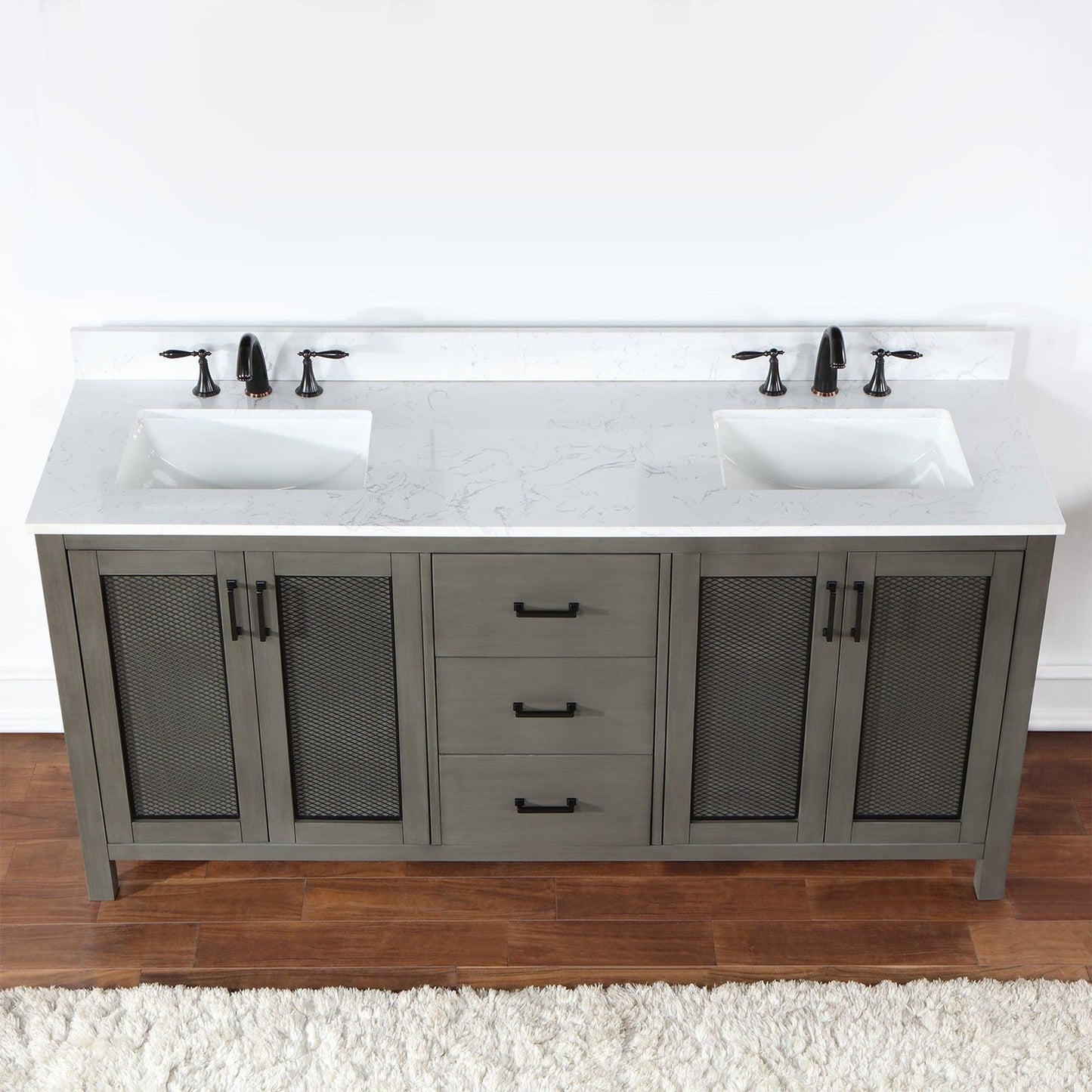 Altair Hadiya 72" Double Gray Pine Freestanding Bathroom Vanity Set With Elegant Aosta White Composite Stone Top, Two Rectangular Undermount Ceramic Sinks, Overflow, and Backsplash