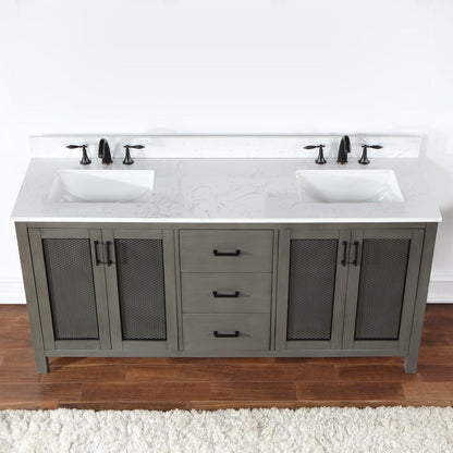 Altair Hadiya 72" Double Gray Pine Freestanding Bathroom Vanity Set With Elegant Aosta White Composite Stone Top, Two Rectangular Undermount Ceramic Sinks, Overflow, and Backsplash