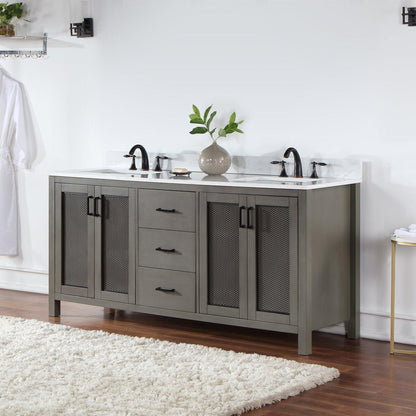 Altair Hadiya 72" Double Gray Pine Freestanding Bathroom Vanity Set With Elegant Aosta White Composite Stone Top, Two Rectangular Undermount Ceramic Sinks, Overflow, and Backsplash