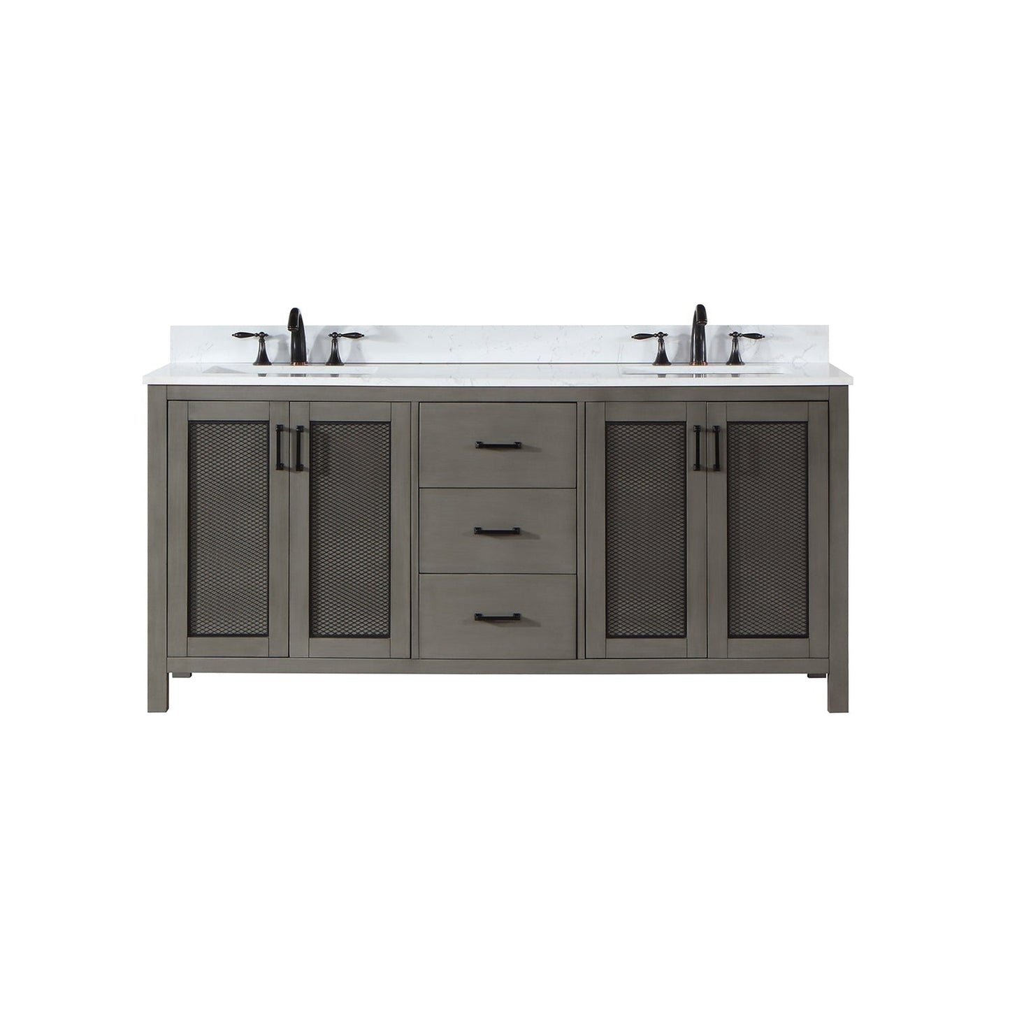 Altair Hadiya 72" Double Gray Pine Freestanding Bathroom Vanity Set With Elegant Aosta White Composite Stone Top, Two Rectangular Undermount Ceramic Sinks, Overflow, and Backsplash