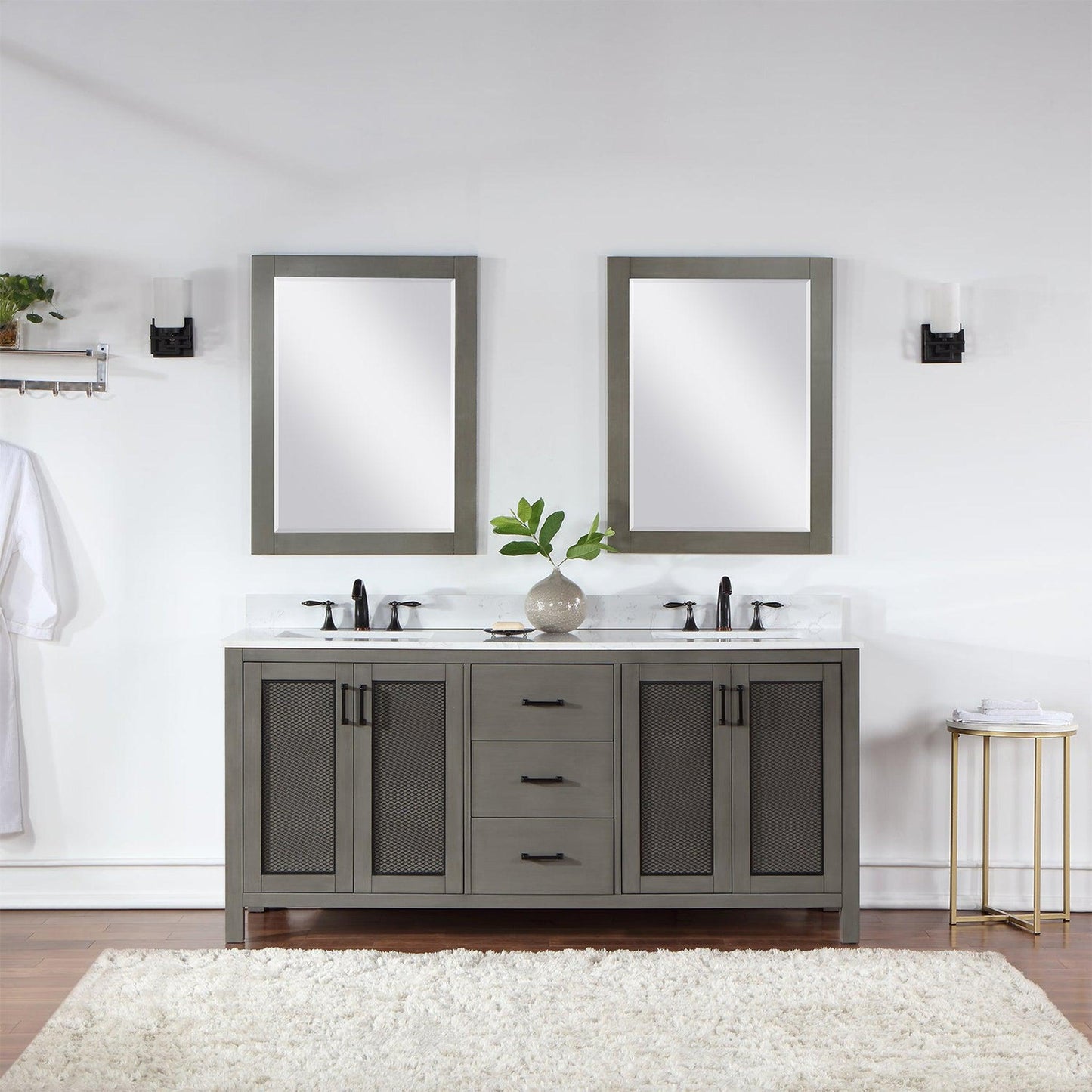 Altair Hadiya 72" Double Gray Pine Freestanding Bathroom Vanity Set With Mirror, Elegant Aosta White Composite Stone Top, Two Rectangular Undermount Ceramic Sinks, Overflow, and Backsplash
