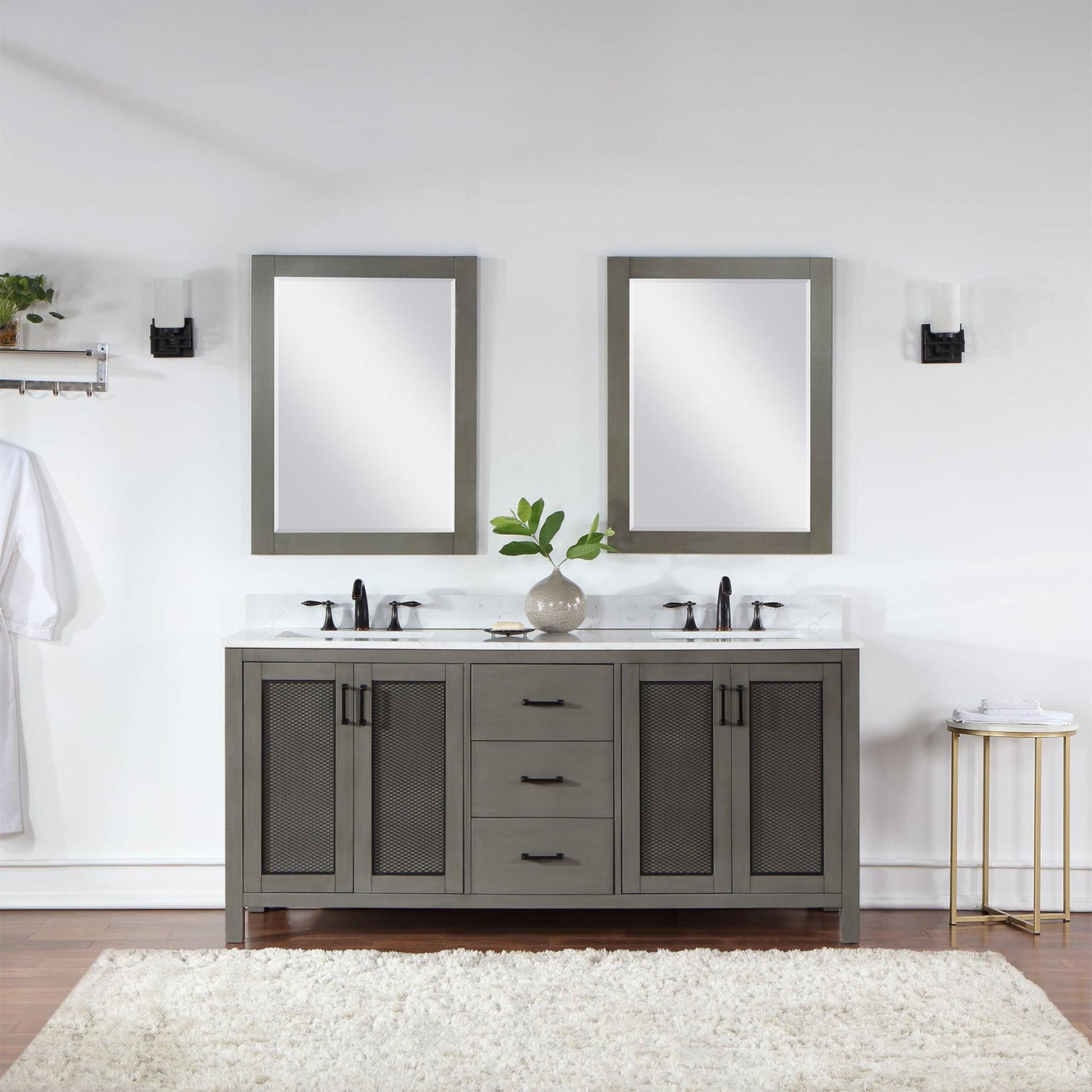 Altair Hadiya 72" Double Gray Pine Freestanding Bathroom Vanity Set With Mirror, Elegant Aosta White Composite Stone Top, Two Rectangular Undermount Ceramic Sinks, Overflow, and Backsplash