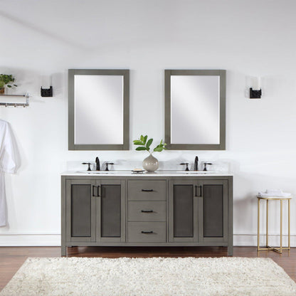 Altair Hadiya 72" Double Gray Pine Freestanding Bathroom Vanity Set With Mirror, Elegant Aosta White Composite Stone Top, Two Rectangular Undermount Ceramic Sinks, Overflow, and Backsplash