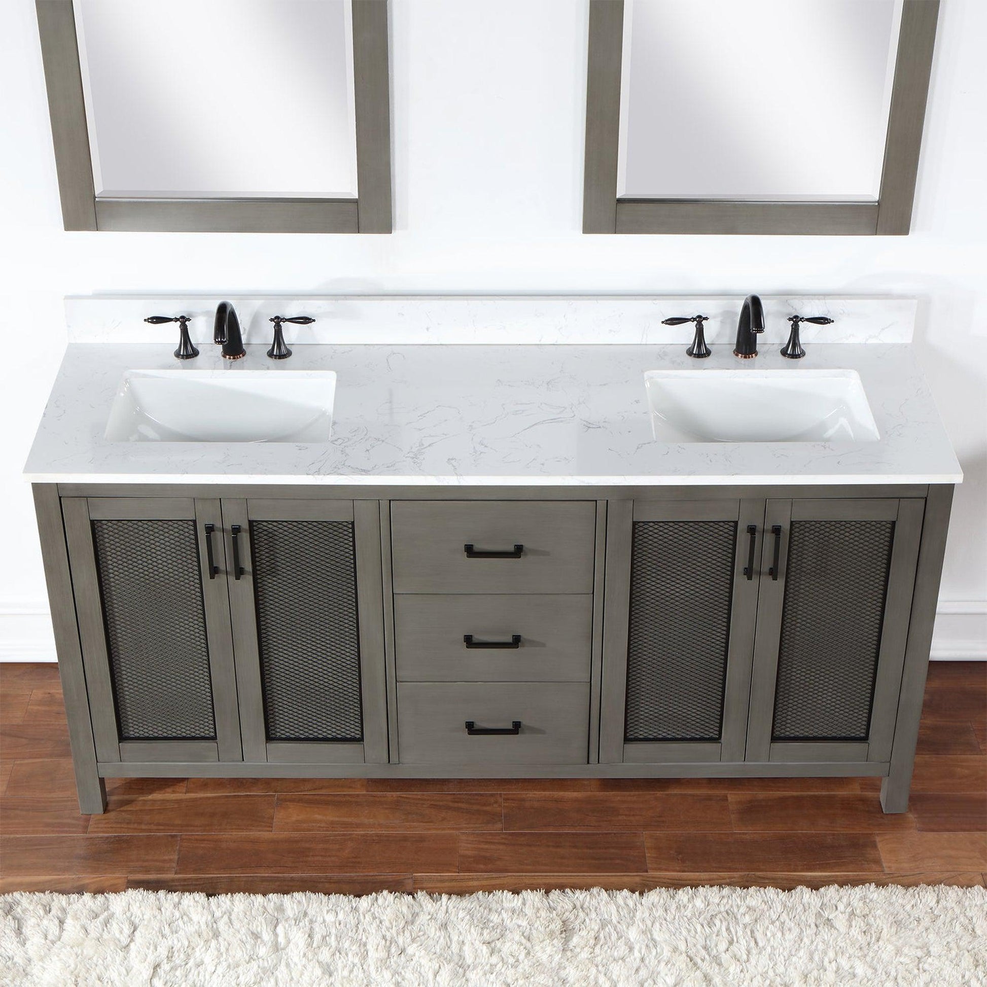 Altair Hadiya 72" Double Gray Pine Freestanding Bathroom Vanity Set With Mirror, Elegant Aosta White Composite Stone Top, Two Rectangular Undermount Ceramic Sinks, Overflow, and Backsplash