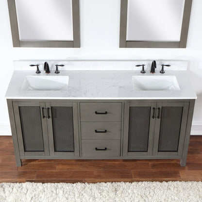 Altair Hadiya 72" Double Gray Pine Freestanding Bathroom Vanity Set With Mirror, Elegant Aosta White Composite Stone Top, Two Rectangular Undermount Ceramic Sinks, Overflow, and Backsplash