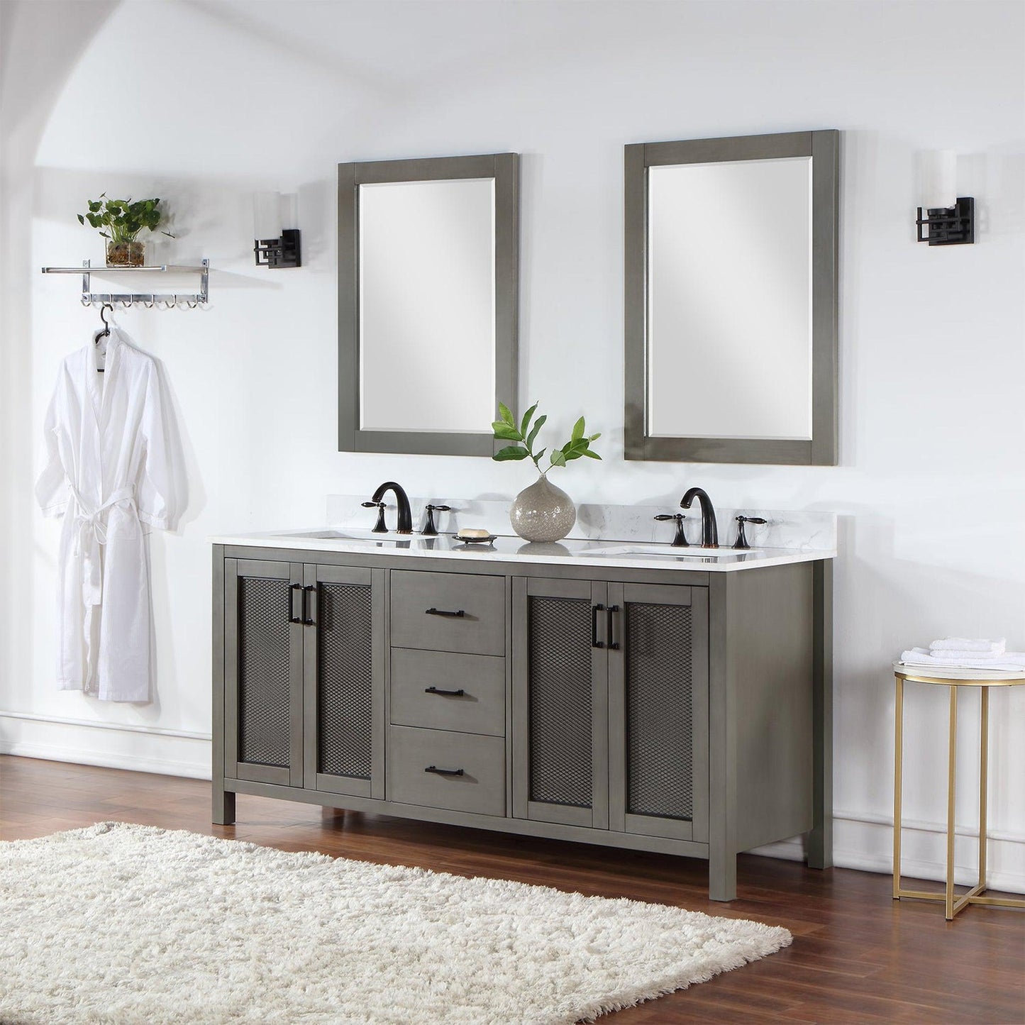 Altair Hadiya 72" Double Gray Pine Freestanding Bathroom Vanity Set With Mirror, Elegant Aosta White Composite Stone Top, Two Rectangular Undermount Ceramic Sinks, Overflow, and Backsplash