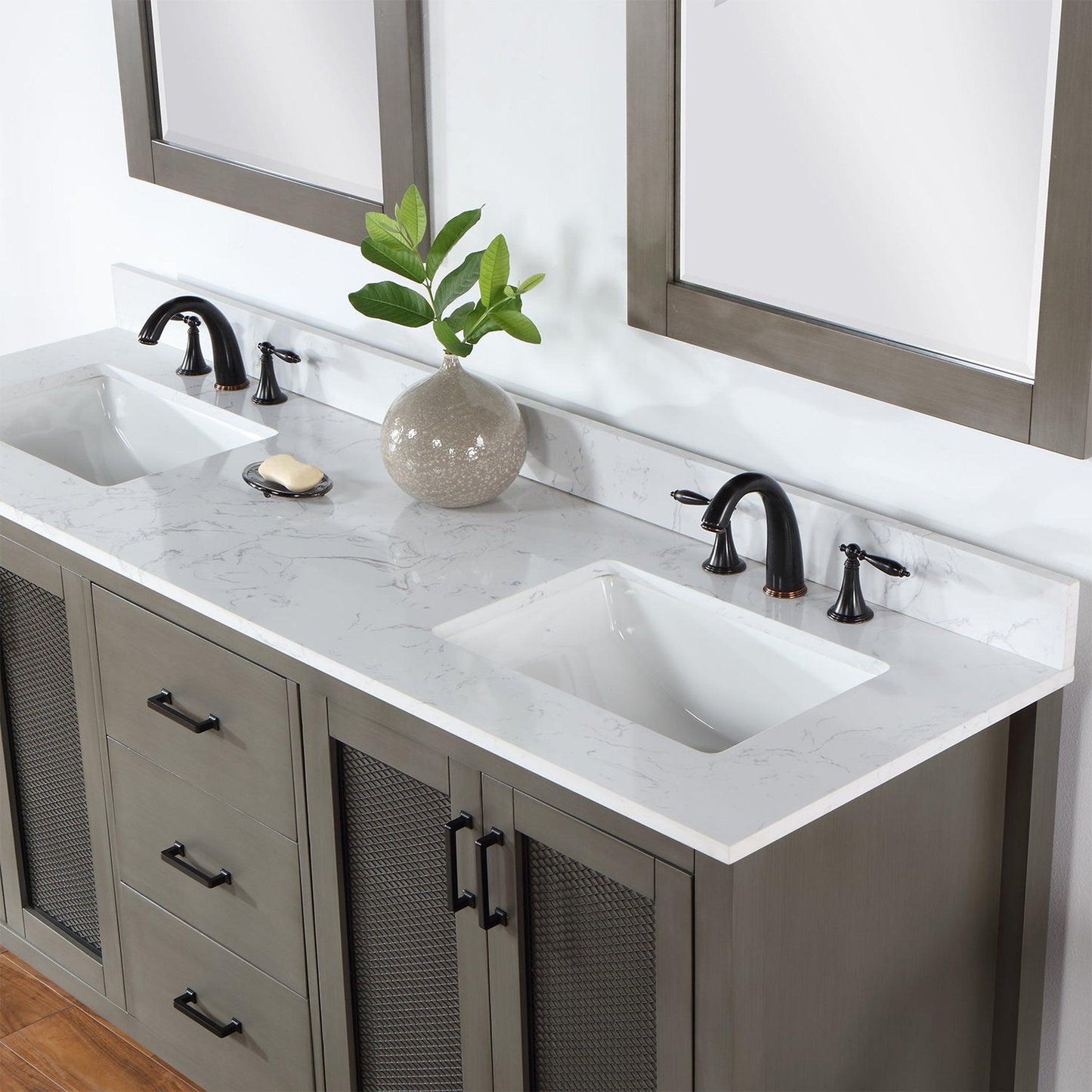 Altair Hadiya 72" Double Gray Pine Freestanding Bathroom Vanity Set With Mirror, Elegant Aosta White Composite Stone Top, Two Rectangular Undermount Ceramic Sinks, Overflow, and Backsplash