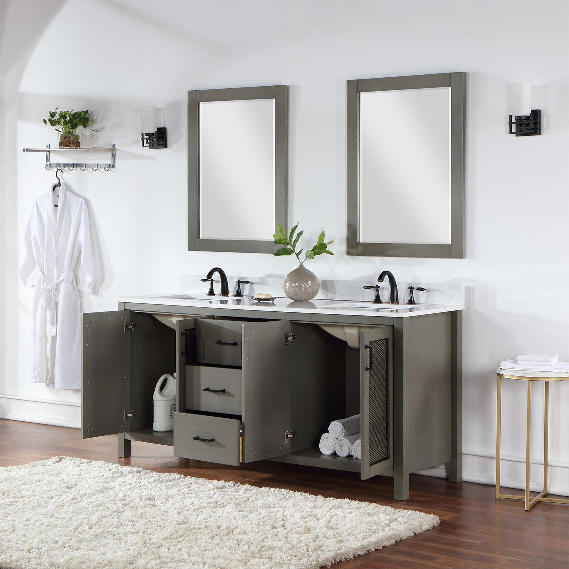 Altair Hadiya 72" Double Gray Pine Freestanding Bathroom Vanity Set With Mirror, Elegant Aosta White Composite Stone Top, Two Rectangular Undermount Ceramic Sinks, Overflow, and Backsplash