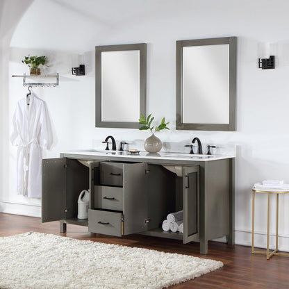 Altair Hadiya 72" Double Gray Pine Freestanding Bathroom Vanity Set With Mirror, Elegant Aosta White Composite Stone Top, Two Rectangular Undermount Ceramic Sinks, Overflow, and Backsplash