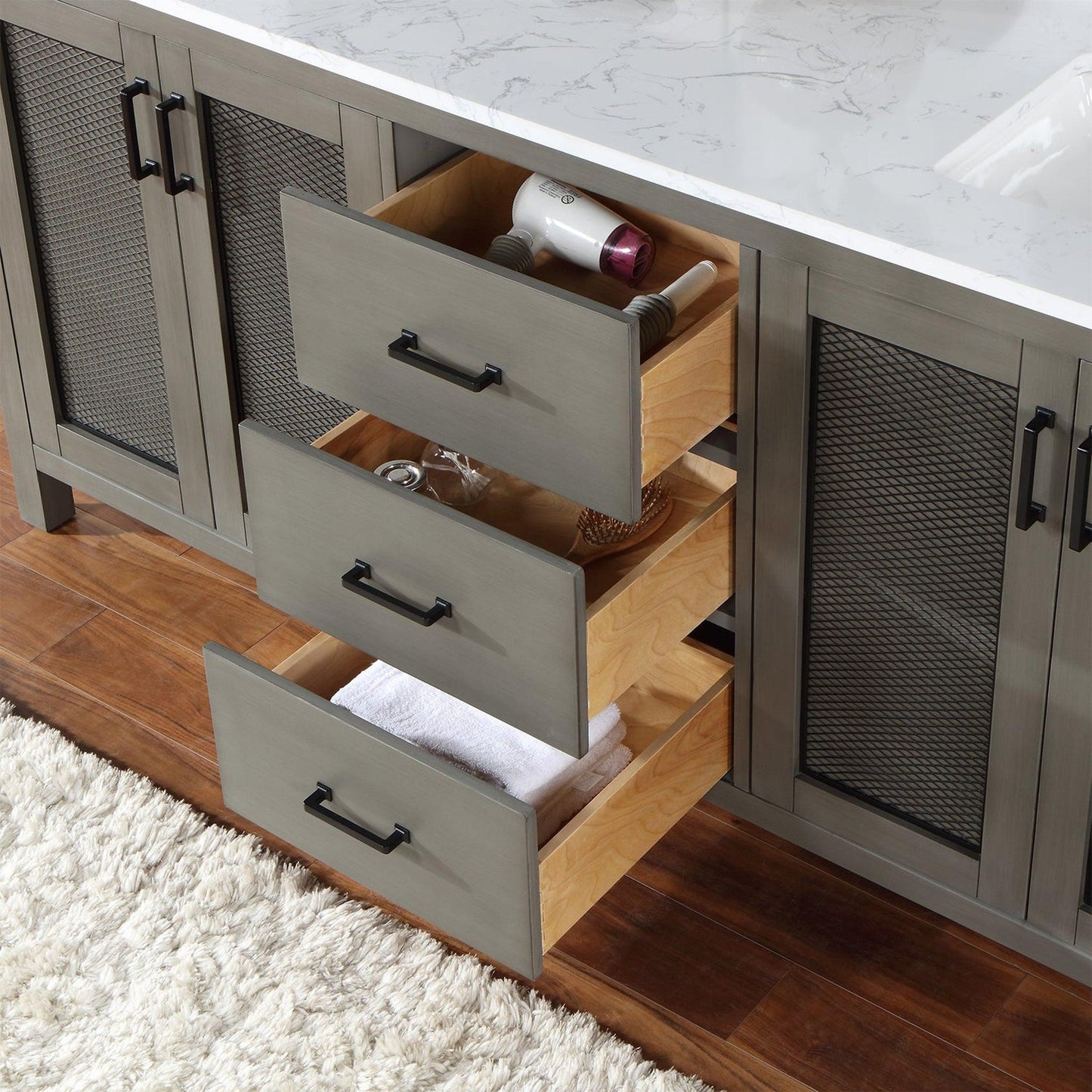 Altair Hadiya 72" Double Gray Pine Freestanding Bathroom Vanity Set With Mirror, Elegant Aosta White Composite Stone Top, Two Rectangular Undermount Ceramic Sinks, Overflow, and Backsplash