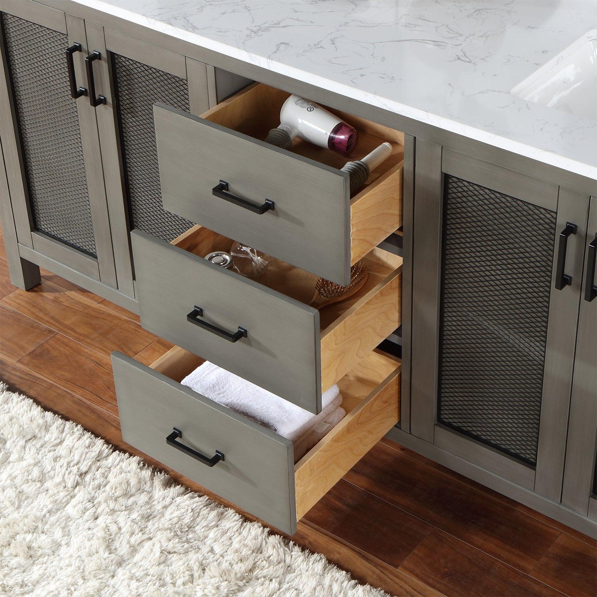 Altair Hadiya 72" Double Gray Pine Freestanding Bathroom Vanity Set With Mirror, Elegant Aosta White Composite Stone Top, Two Rectangular Undermount Ceramic Sinks, Overflow, and Backsplash