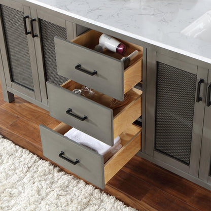Altair Hadiya 72" Double Gray Pine Freestanding Bathroom Vanity Set With Mirror, Elegant Aosta White Composite Stone Top, Two Rectangular Undermount Ceramic Sinks, Overflow, and Backsplash