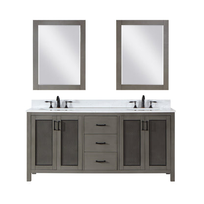 Altair Hadiya 72" Double Gray Pine Freestanding Bathroom Vanity Set With Mirror, Elegant Aosta White Composite Stone Top, Two Rectangular Undermount Ceramic Sinks, Overflow, and Backsplash