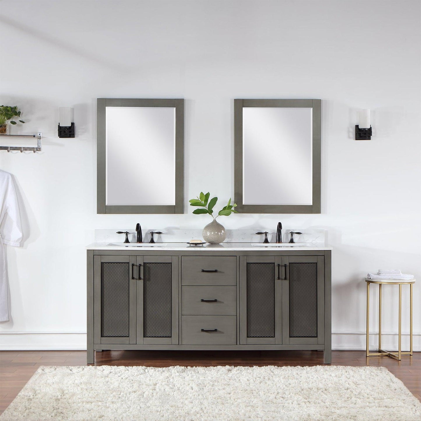 Altair Hadiya 72" Double Gray Pine Freestanding Bathroom Vanity Set With Mirror, Elegant Aosta White Composite Stone Top, Two Rectangular Undermount Ceramic Sinks, Overflow, and Backsplash
