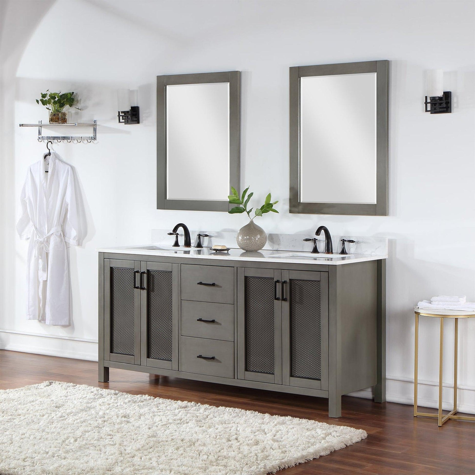 Altair Hadiya 72" Double Gray Pine Freestanding Bathroom Vanity Set With Mirror, Elegant Aosta White Composite Stone Top, Two Rectangular Undermount Ceramic Sinks, Overflow, and Backsplash