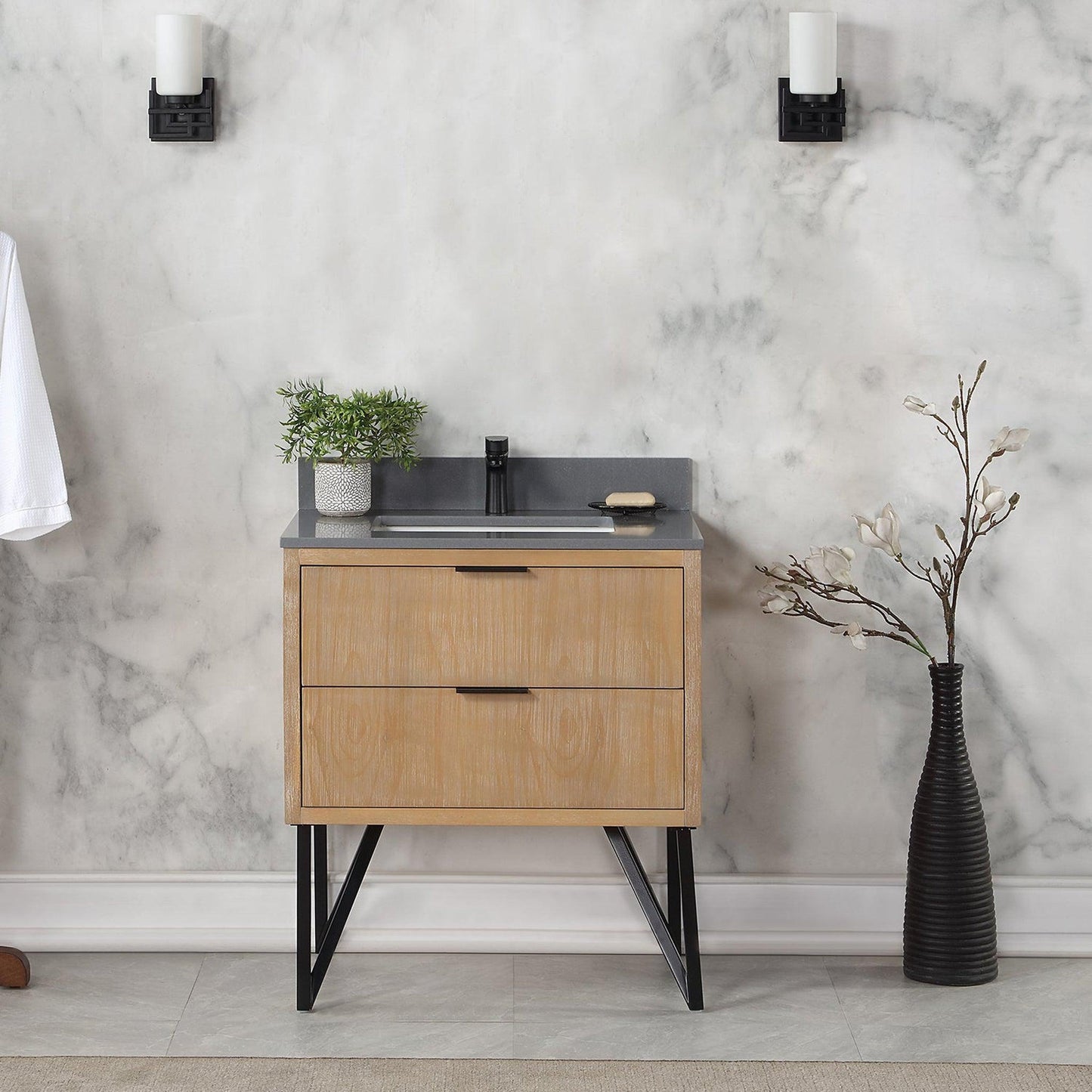Altair Helios 30" Weathered Pine Freestanding Single Bathroom Vanity Set With Concrete Gray Composite Stone Top, Single Rectangular Undermount Ceramic Sink, Overflow, and Backsplash
