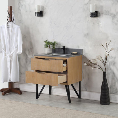 Altair Helios 30" Weathered Pine Freestanding Single Bathroom Vanity Set With Concrete Gray Composite Stone Top, Single Rectangular Undermount Ceramic Sink, Overflow, and Backsplash
