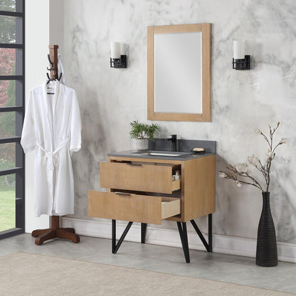 Altair Helios 30" Weathered Pine Freestanding Single Bathroom Vanity Set With Mirror, Concrete Gray Composite Stone Top, Single Rectangular Undermount Ceramic Sink, Overflow, and Backsplash