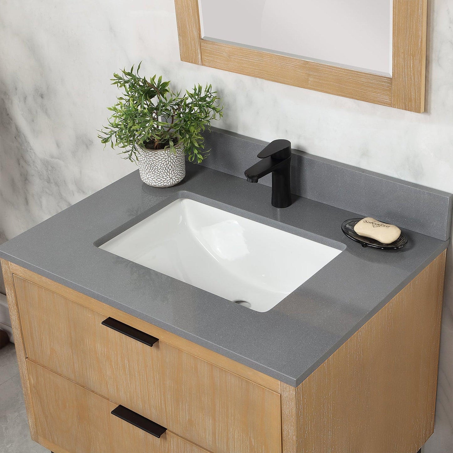 Altair Helios 30" Weathered Pine Freestanding Single Bathroom Vanity Set With Mirror, Concrete Gray Composite Stone Top, Single Rectangular Undermount Ceramic Sink, Overflow, and Backsplash