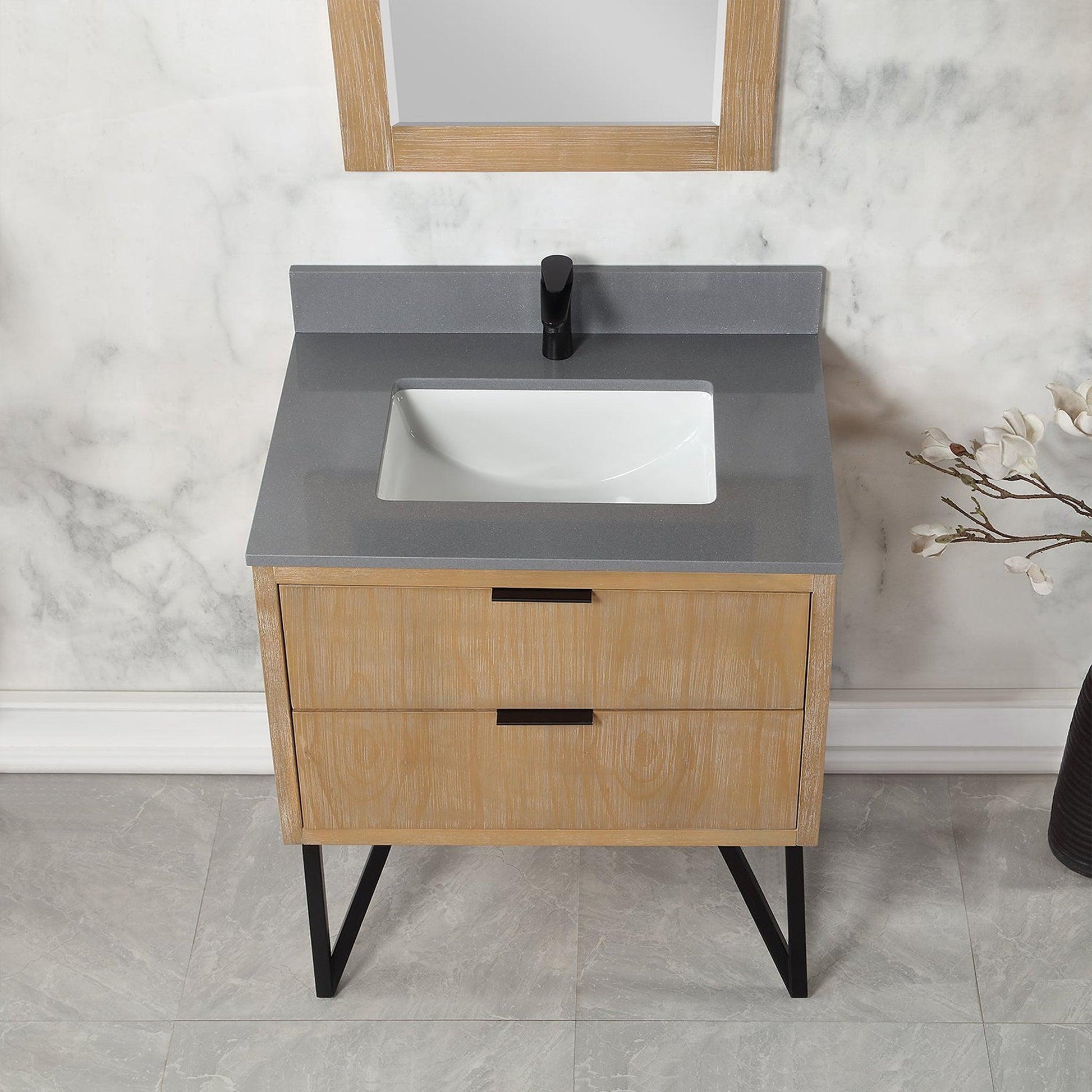 Altair Helios 30" Weathered Pine Freestanding Single Bathroom Vanity Set With Mirror, Concrete Gray Composite Stone Top, Single Rectangular Undermount Ceramic Sink, Overflow, and Backsplash