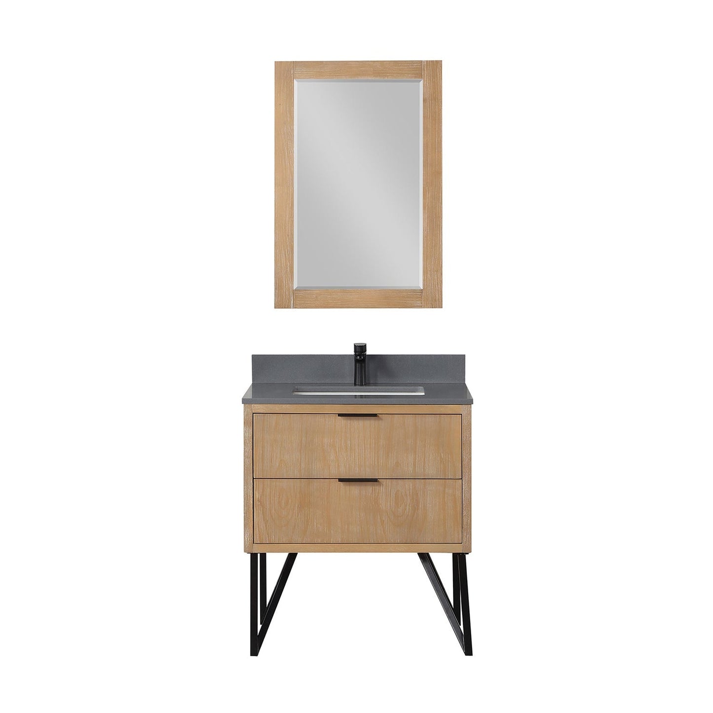 Altair Helios 30" Weathered Pine Freestanding Single Bathroom Vanity Set With Mirror, Concrete Gray Composite Stone Top, Single Rectangular Undermount Ceramic Sink, Overflow, and Backsplash