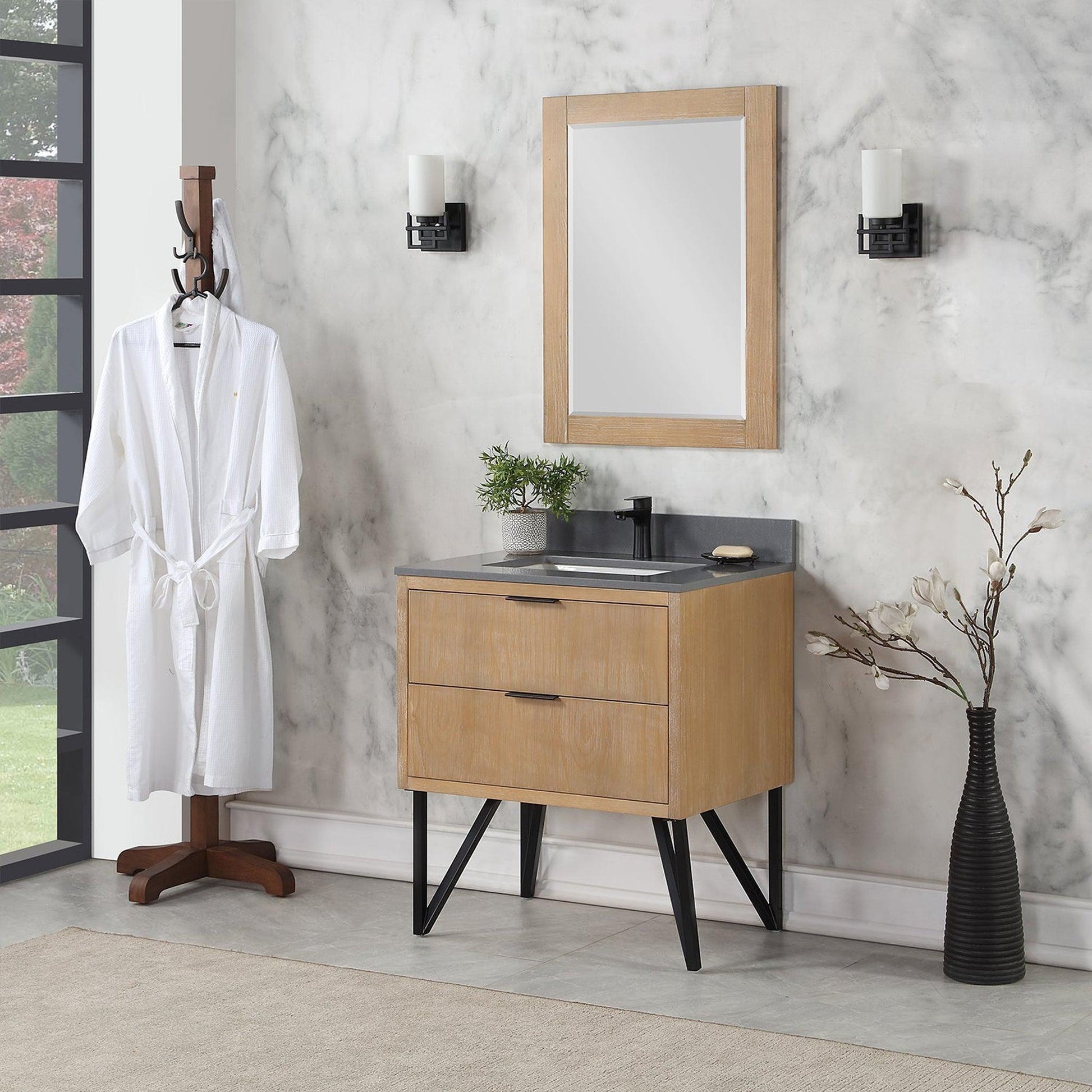 Altair Helios 30" Weathered Pine Freestanding Single Bathroom Vanity Set With Mirror, Concrete Gray Composite Stone Top, Single Rectangular Undermount Ceramic Sink, Overflow, and Backsplash