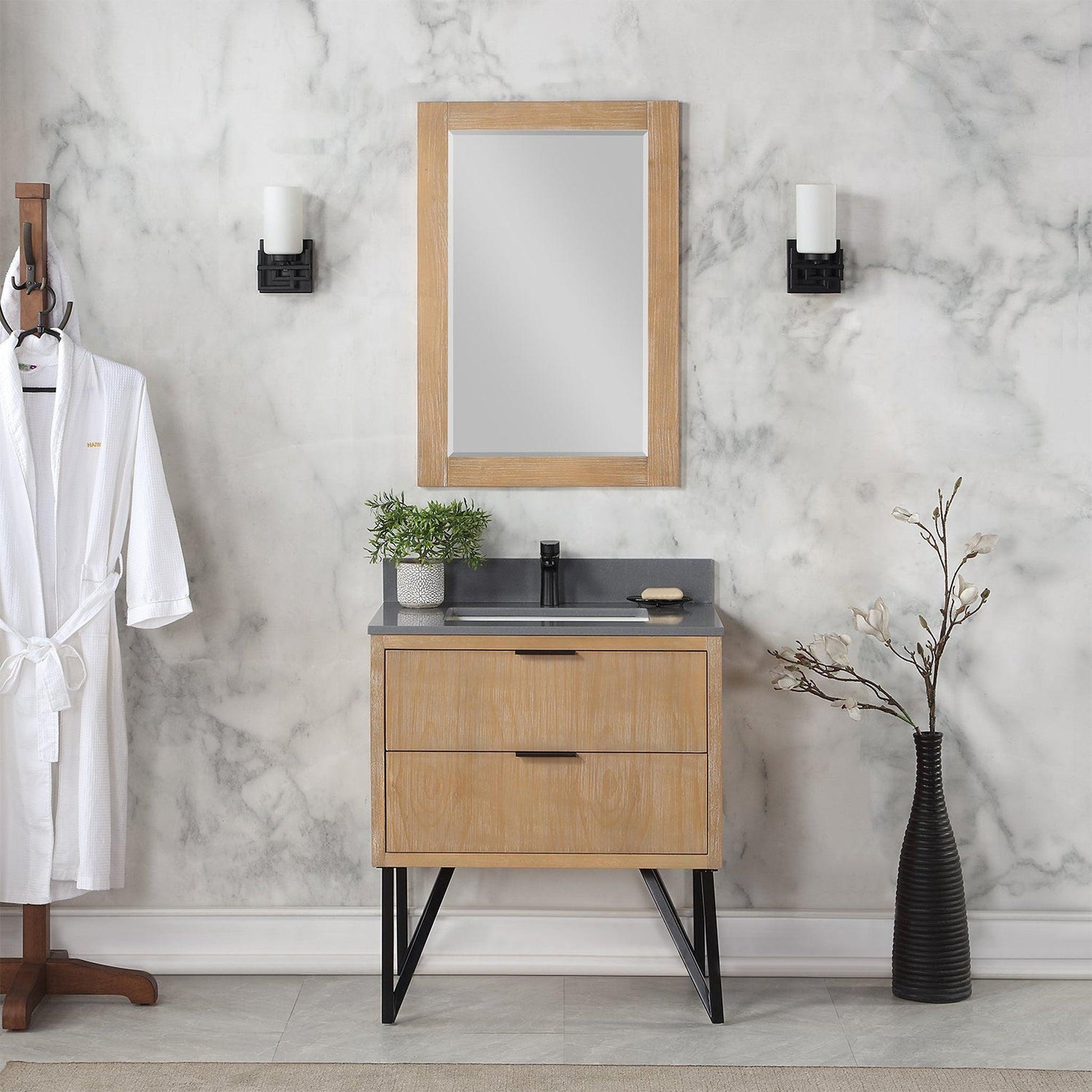 Altair Helios 30" Weathered Pine Freestanding Single Bathroom Vanity Set With Mirror, Concrete Gray Composite Stone Top, Single Rectangular Undermount Ceramic Sink, Overflow, and Backsplash