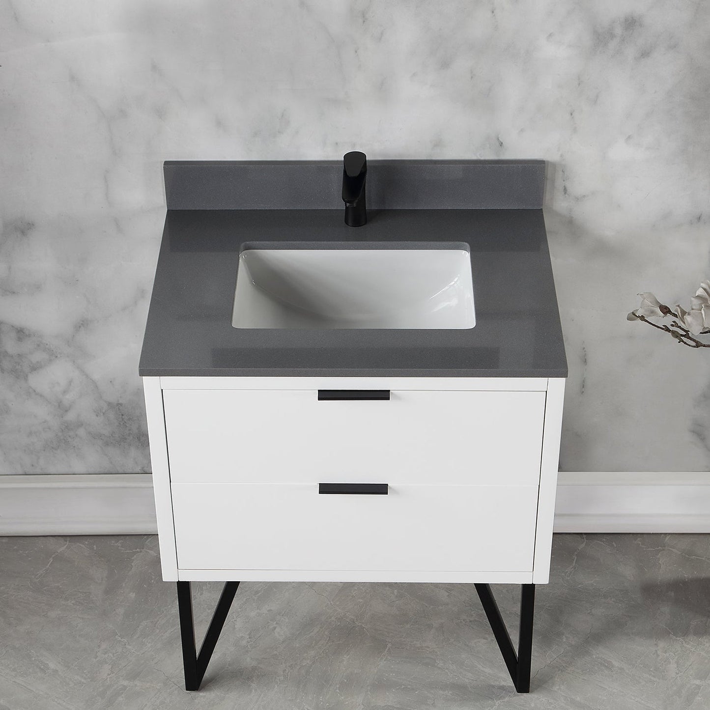 Altair Helios 30" White Freestanding Single Bathroom Vanity Set With Concrete Gray Composite Stone Top, Single Rectangular Undermount Ceramic Sink, Overflow, and Backsplash
