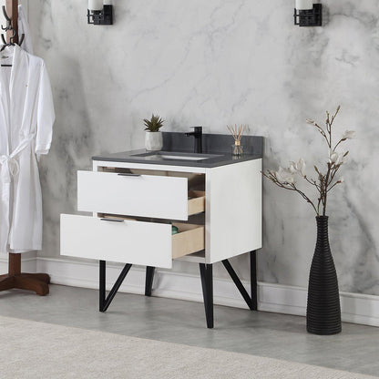 Altair Helios 30" White Freestanding Single Bathroom Vanity Set With Concrete Gray Composite Stone Top, Single Rectangular Undermount Ceramic Sink, Overflow, and Backsplash