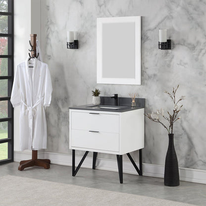 Altair Helios 30" White Freestanding Single Bathroom Vanity Set With Mirror, Concrete Gray Composite Stone Top, Single Rectangular Undermount Ceramic Sink, Overflow, and Backsplash