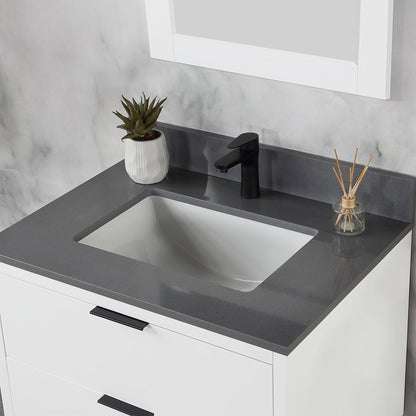 Altair Helios 30" White Freestanding Single Bathroom Vanity Set With Mirror, Concrete Gray Composite Stone Top, Single Rectangular Undermount Ceramic Sink, Overflow, and Backsplash