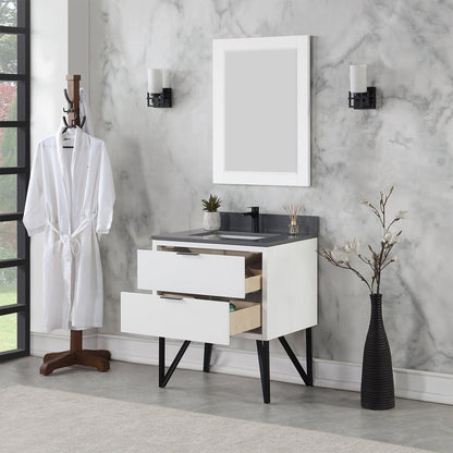 Altair Helios 30" White Freestanding Single Bathroom Vanity Set With Mirror, Concrete Gray Composite Stone Top, Single Rectangular Undermount Ceramic Sink, Overflow, and Backsplash