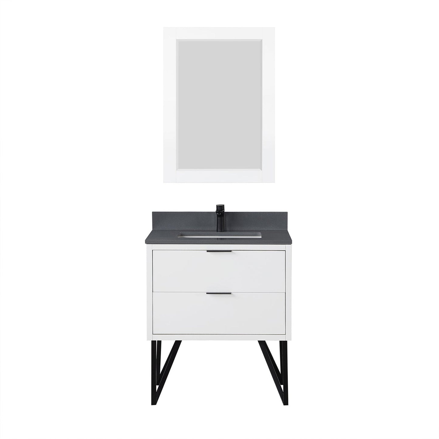 Altair Helios 30" White Freestanding Single Bathroom Vanity Set With Mirror, Concrete Gray Composite Stone Top, Single Rectangular Undermount Ceramic Sink, Overflow, and Backsplash