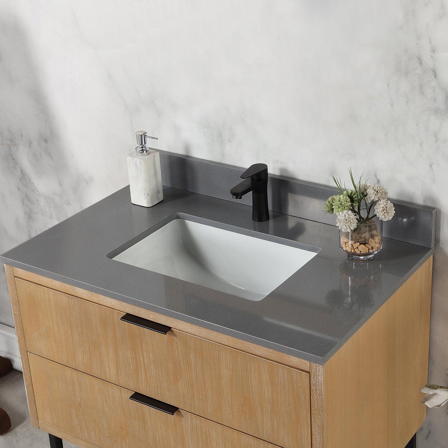 Altair Helios 36" Weathered Pine Freestanding Single Bathroom Vanity Set With Concrete Gray Composite Stone Top, Single Rectangular Undermount Ceramic Sink, Overflow, and Backsplash
