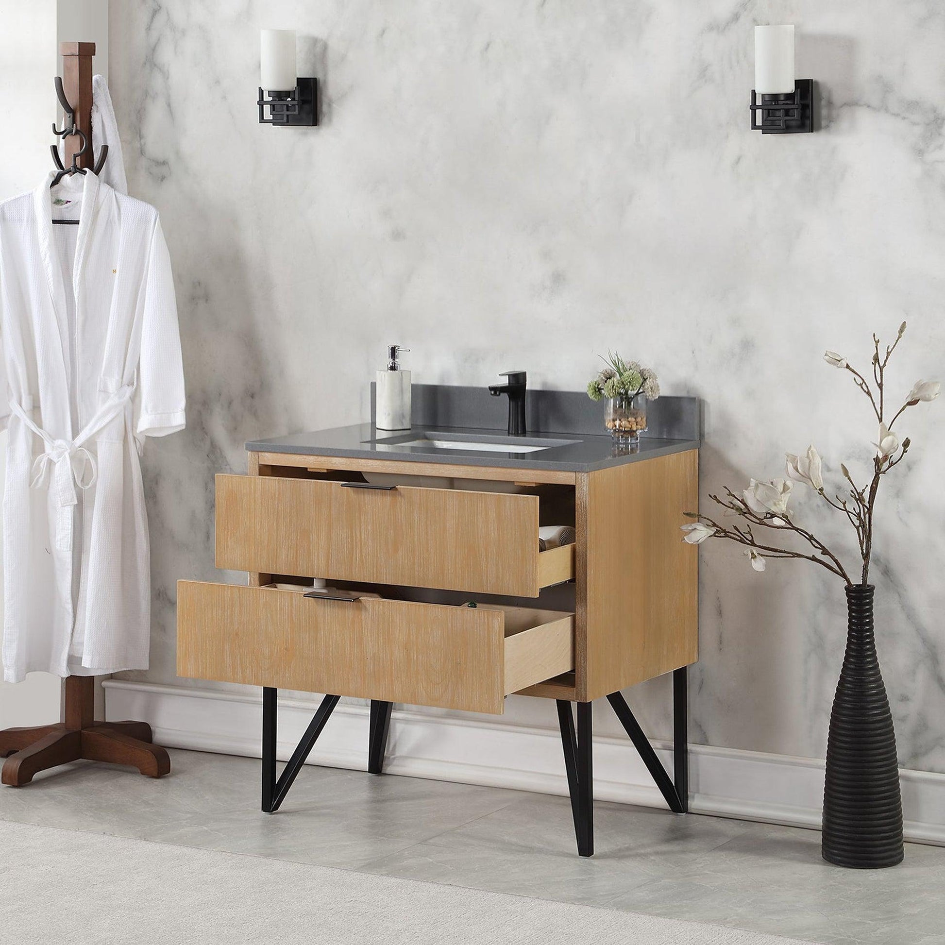 Altair Helios 36" Weathered Pine Freestanding Single Bathroom Vanity Set With Concrete Gray Composite Stone Top, Single Rectangular Undermount Ceramic Sink, Overflow, and Backsplash