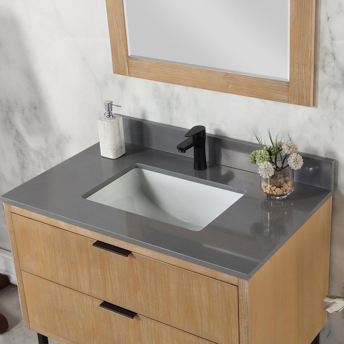 Altair Helios 36" Weathered Pine Freestanding Single Bathroom Vanity Set With Mirror, Concrete Gray Composite Stone Top, Single Rectangular Undermount Ceramic Sink, Overflow, and Backsplash