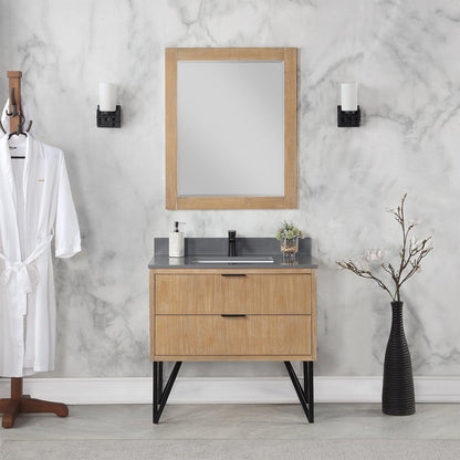 Altair Helios 36" Weathered Pine Freestanding Single Bathroom Vanity Set With Mirror, Concrete Gray Composite Stone Top, Single Rectangular Undermount Ceramic Sink, Overflow, and Backsplash