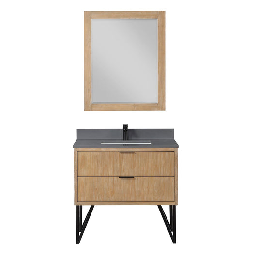 Altair Helios 36" Weathered Pine Freestanding Single Bathroom Vanity Set With Mirror, Concrete Gray Composite Stone Top, Single Rectangular Undermount Ceramic Sink, Overflow, and Backsplash