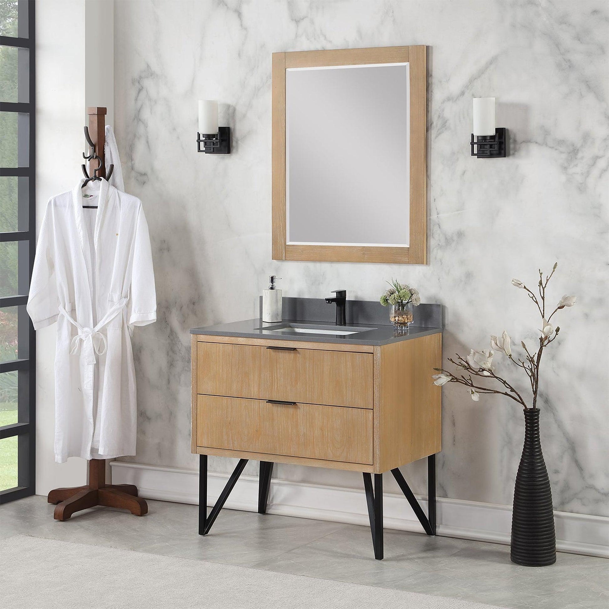 Altair Helios 36" Weathered Pine Freestanding Single Bathroom Vanity Set With Mirror, Concrete Gray Composite Stone Top, Single Rectangular Undermount Ceramic Sink, Overflow, and Backsplash