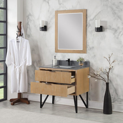 Altair Helios 36" Weathered Pine Freestanding Single Bathroom Vanity Set With Mirror, Concrete Gray Composite Stone Top, Single Rectangular Undermount Ceramic Sink, Overflow, and Backsplash