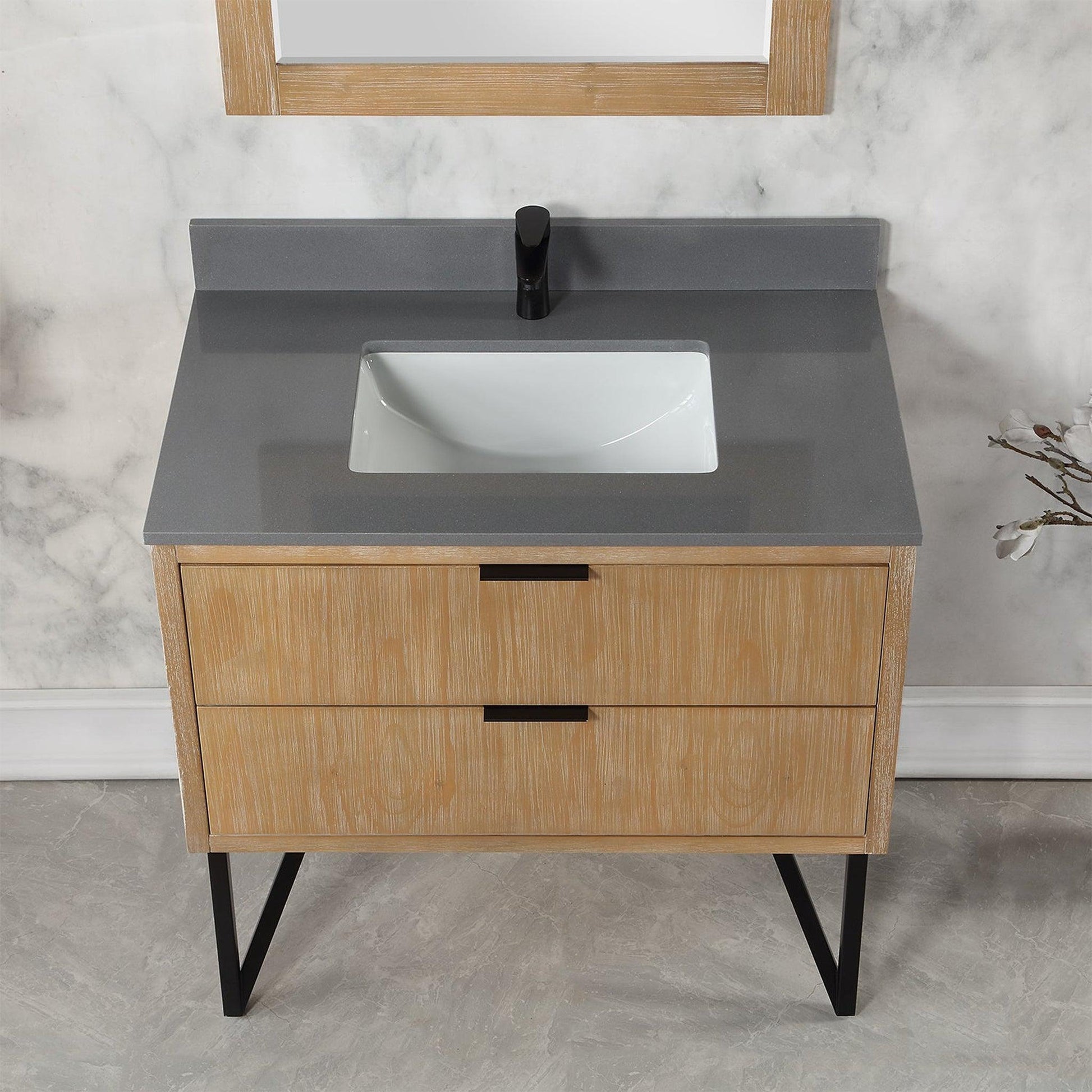 Altair Helios 36" Weathered Pine Freestanding Single Bathroom Vanity Set With Mirror, Concrete Gray Composite Stone Top, Single Rectangular Undermount Ceramic Sink, Overflow, and Backsplash